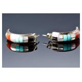 Vintage Native American Sterling Silver Multi Stone Channel Inlay Earrings GT