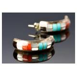 Vintage Native American Sterling Silver Multi Stone Channel Inlay Earrings GT