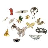 Lot of 15 Vintage Brooches: Sterling, Gold-Tone, Art Nouveau, Deco, Figural