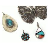Lot of 4 Vintage Southwest Pendants: Sterling Silver, Turquoise, Inlay, Filigree