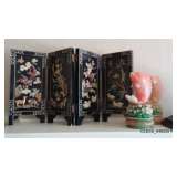 Black Lacquer Asian Screen with MOP, Jade Koi Fish Statues