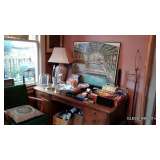 Large Wooden Desk, Lamp, and Misc Office Supplies 