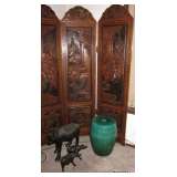 CarvedChinese Wood 4 Panel Room Divider, Ox Figures, Ceramic Garden Stool
