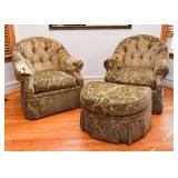 BUY IT NOW!  Lot #104, Pair of Flocked Velvet Tufted Armchairs + Ottoman (1), $300