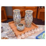 Mosaic Glass Candle Holder & Hurricanes, Napkin Rings, Wood Serving Tray