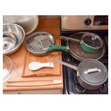 Pots & Pans, Wood Serving Tray, Utensils, Etc.