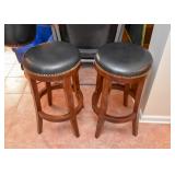 Pair of Wood & Leather Bar Stools with Nailhead Trim