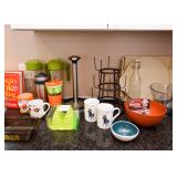 Kitchenware, Coffee Mugs, Bowls, Bottle Rack, Etc.