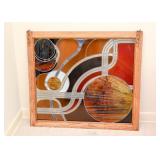 Large Modern Abstract Stained / Leaded Glass Window with Oak Frame