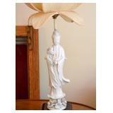 Figural Blanc de Chine Guanyin / Kwan Yin Table Lamp with Lotus Shade