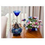 Blue Glass Lantern, Cobalt Blue Glass Votive Candlestick Holder, Glass Flower Arrangement