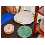 Vintage China Dessert Plates, Ceramic Fish Platter, Green Majolica Leaf Plate