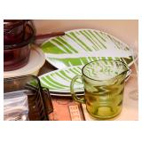 Green Glass Pitcher, Melamine Serving Plates