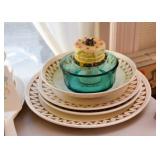 Vintage Dinnerware / Dishes, Teal Glass Bowl, Layer Cake Kitchen Timer