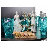 Aqua Waterford Marquis Vases, Porcelain Lady Figurines, Bonsai Tree Figurine, Soapstone Elephants
