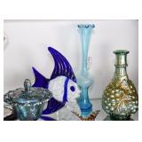 Hand Blown Glass Vase, Blue & White Art Glass Fish Figurine