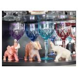 Colorful Waterford Marquis Wine Glasses (Set of 4) & Stone Carved Elephants