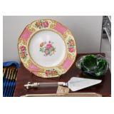Vintage Hand Painted Plate, Art Glass Ashtray, Cake Cutter