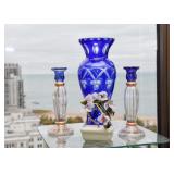 Blue Czech Glass Vase, Lovely Glass Candlesticks, Stone Bonsai Figurine