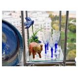 Beaded Flower Figure, Elephant Figurine, Blue & Etched Glass Stemware