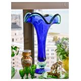 Large Blue Swung Glass Vase, Green Cordial Glasses, Oriental Vase