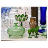 Green Depression Glass Candy Dish, Green Glass Cordials, Green/White/Gold Glass Pedestal Dish