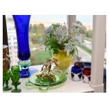 Green Depression Glass Serving Plates, Bonsai Figurine, Yellow Art Glass Vase with Beaded Flowers, S