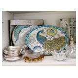 Peacock Dinner Plates, Peacock Serving Platter, Silverplate Rimmed Bowls, Glassware