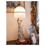 Figural Lady with Peacock Table Lamp / Beaded Shade