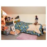 Twin Bed, Sheepskin Rug, Metal 2-Drawer File Cabinet, Photographs, Drawings, Magazines