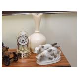Porcelain Figurines, Pottery Vase, Domed Desk Clock