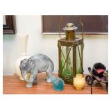 Brass Candle Lantern, Elephant Figurine, Pottery, Vintage Blue Glass Bird Salt Cellar