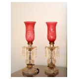 Vintage Crystal Table Lamps with Etched Glass Hurricane Shades