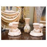 Belleek Vase, Candlestick Holders