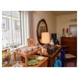 Upholstered Foot Stool, Decorative Collectibles, Glass Table Lamp, Etc.