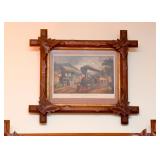 Black Forest Wood Carved Frame with Train Print