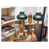 Brass Double-Arm Table Lamp with Green Glass Shades
