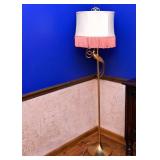 SOLD--Lot #106, Brass Floor Lamp with Bird of Paradise Detail & Pink Fringed Shade, $130