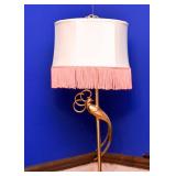 SOLD--Lot #106, Brass Floor Lamp with Bird of Paradise Detail & Pink Fringed Shade, $130