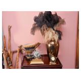 Decorative Urn Table Lamp, Brass Vase with Feathers, Vintage Clocks