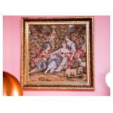 BUY IT NOW! Lot #144, Framed Needlepoint of Garden Tryst and Pet Sheep, $50
