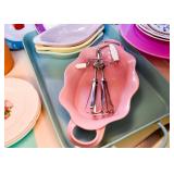 Pink Ceramic Serving Dish, Teal Baking Pan, Egg Beater