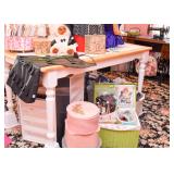Kitchen Table (White Painted Base & White Tile Top), Sewing Supplies, Storage Boxes & Baskets