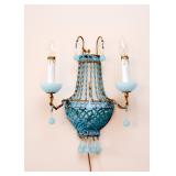 Pair of Vintage Blue Opaline Beaded Wall Sconces