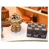 Brass Incense Burner, Stone Box with Butterfly Inlay