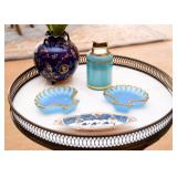 Blue Porcelain Vase, Blue Opaline Glass Table Lighter,  Opaline Glass Scallop Shell Dishes, Etc.