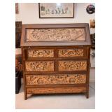 Vintage Chinese Hand Carved Teak Secretary Desk