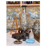 Mother of Pearl Vase, Blue Glass Ashtray, Decorative Boxes, Bronze Statues