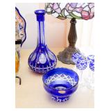 Blue Bohemian Hand Cut Glass / Crystal Vase & Bowl
