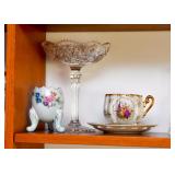 Porcelain Vave & Teacup, Pressed Glass Pedestal Candy Dish
